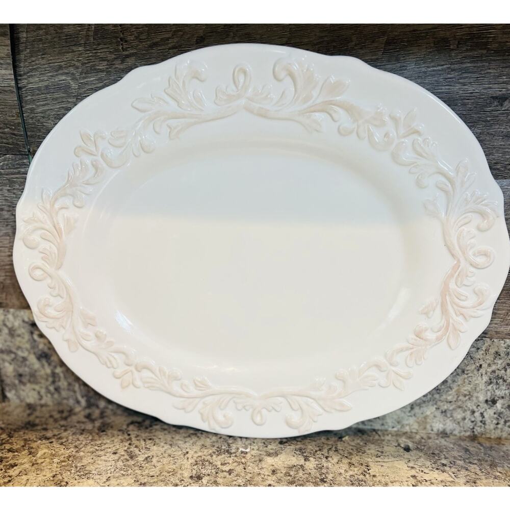 Vintage ND Exclusive Platter Raised Embossed Ivory Patterned China 16.5 X 13
